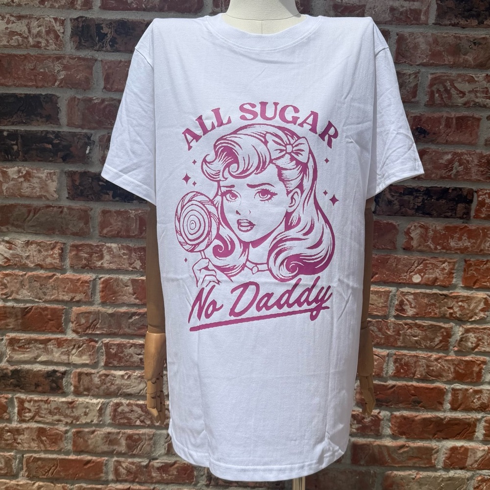 NWOT “All Sugar No Daddy” Retro Barbiecore White and Pink T Shirt /Avail in L - Picture 3 of 11